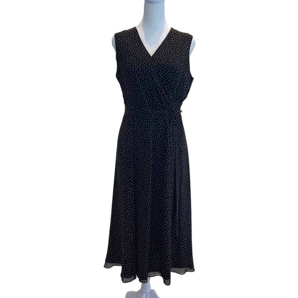 Talbots Petites Pure Silk Sleeveless Midi Wrap Dress Dot Print Black Tan Size 8P